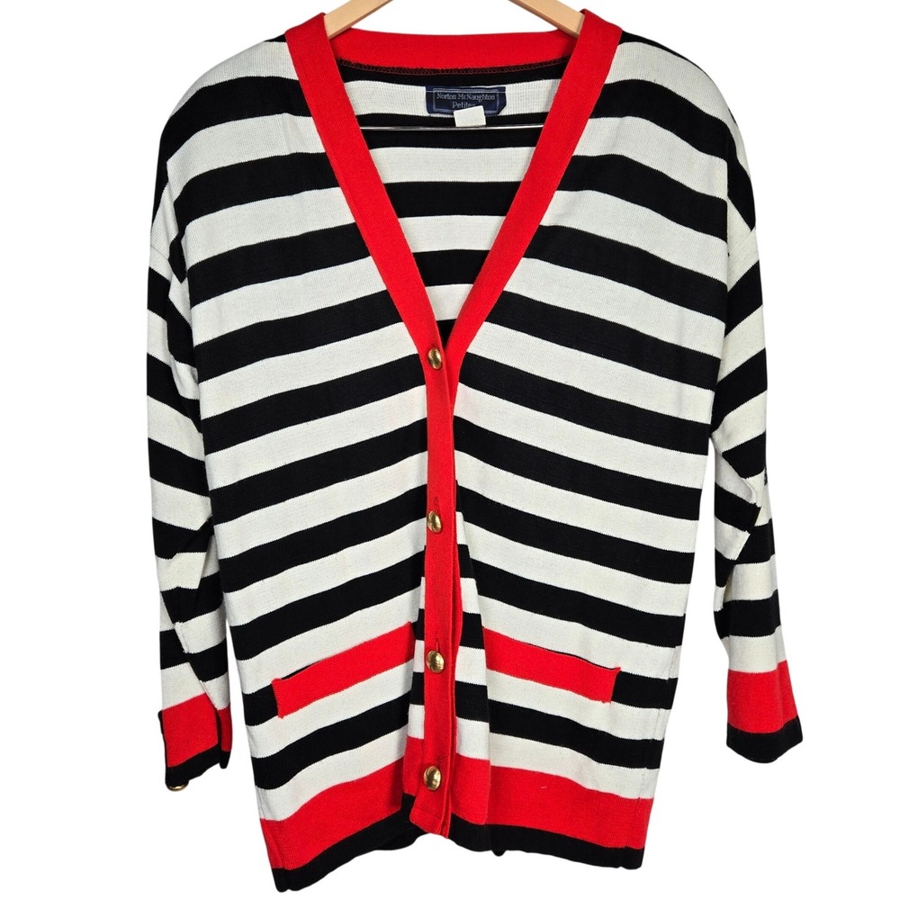 Norton McNaughton Petites Black White Red Striped Button Front‎ Cardigan Sweater
